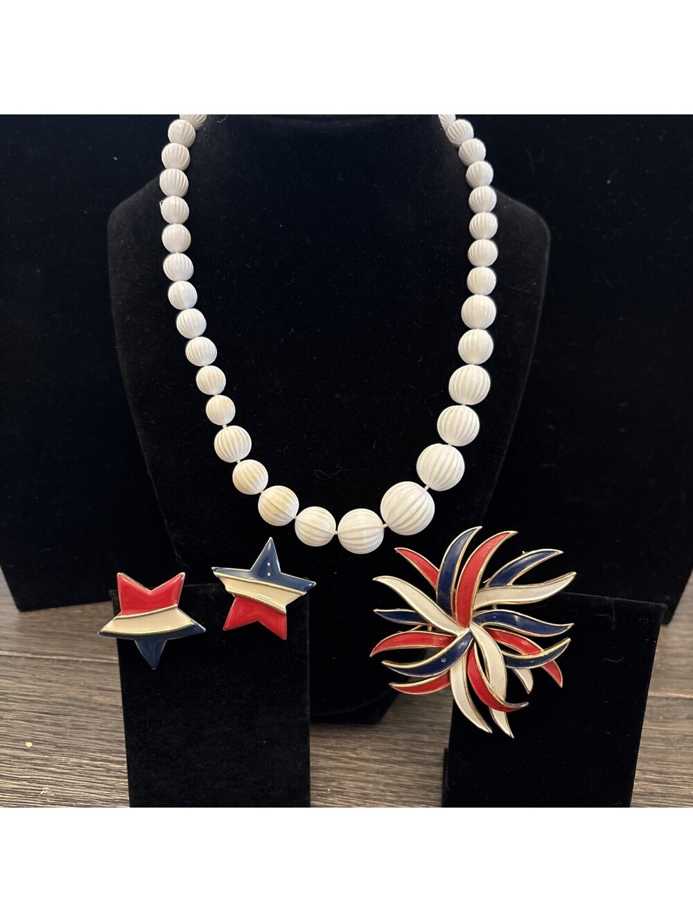Patriotic July 4th 250 Crown Trifari Brooch Unsigned Necklace Set Star Earrings